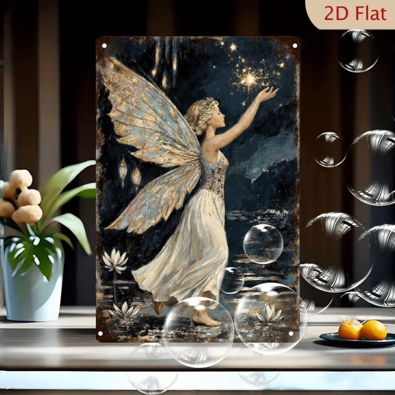 Fairy Reaching for Stars Art, 8x12 Inches Metal Wall Decor, Dreamy Ethereal Night Scene with Water Lilies and Iridescent Wings, Vintage Distressed Frame Style