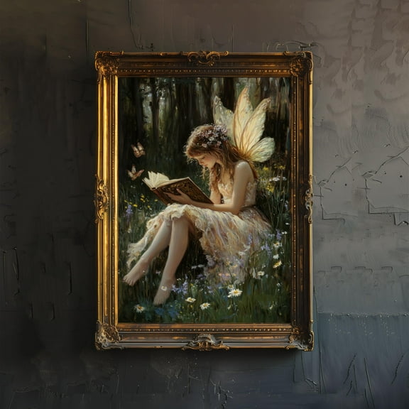 Fairy Reading Book Art Print Cottagecore & Dark Academia Decor Whimsical Woodland Wall Art Vintage Nature Poster for Book Lovers