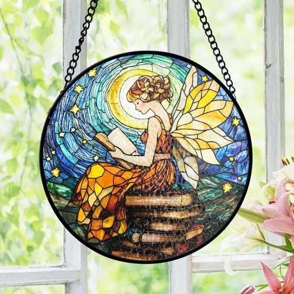 Fairy Reading Stained Glass Suncatcher, Whimsical Window Decor, Fantasy Book Theme, Stained Glass Style, Gift for Readers