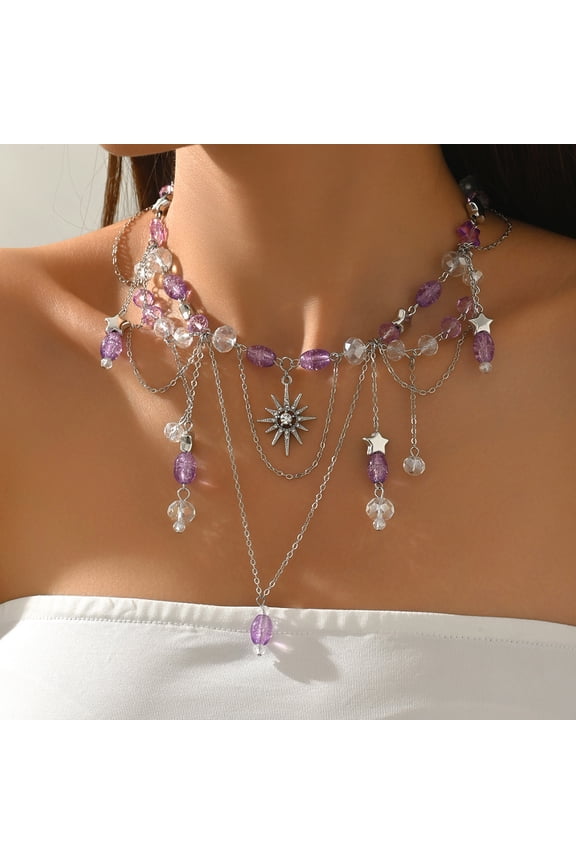 Fairy Ren Faire Necklace - Purple Layered Beaded Necklaces for Women Crystal Charm Necklace for Renaissance Ren Faire Fairycore Aesthetic Elf Cosplay Photo Shoot Halloween