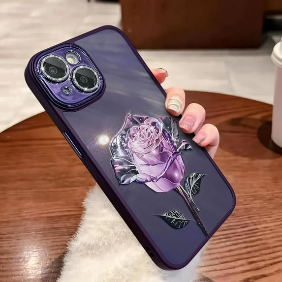 Fairy Rose for iPhone 14 Case for Women Girls Built-in Glitter Sparkly Screen Protector Camera Protection Lens Shockproof Rose Floral Pattern Phone Case -Purple