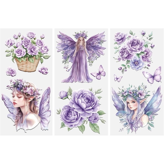Fairy Rub on Transfers Stickers, 3 Sheets Purple Flower Elf Transfers for Furniture and Crafts Decor Decals for Dresser Wardrobe Old Furniture Renovation