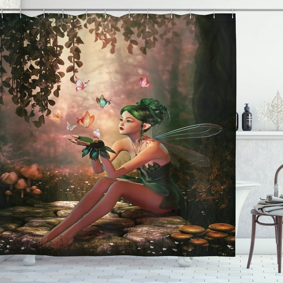 Fairy Shower Curtain, Girl with Wings and Butterflies Digital Composition Computer Graphics Elven Creature, Fabric Bathroom Set with Hooks, 69W X 75L Inches Long, Multicolor, by Ambesonne