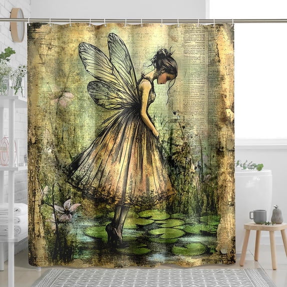 Fairy Shower Curtain, Vintage Green Gold Winged Girl Design, Spring ...