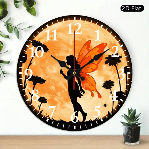 Fairy Silhouette Wall Clock Orange Full Moon Decorative Clock Round 10x10 Inch 1pc Battery Not Included
