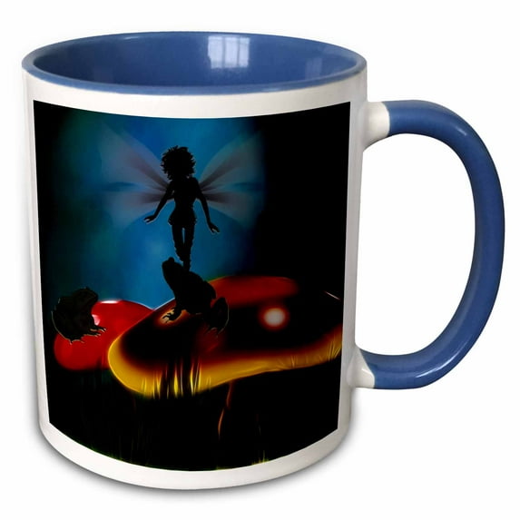 3drose, Fairy Silhouette with Toads and Mushrooms, 15oz Two-tone Blue Mug