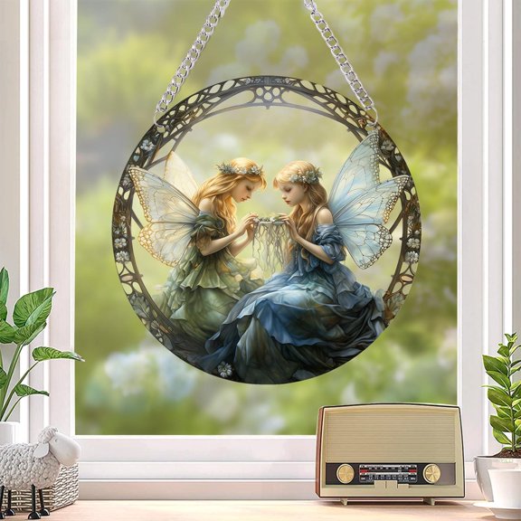 Fairy Sisters Acrylic Suncatcher, 2D Flat Window Hanging Decor, Fantasy and Celestial Decor