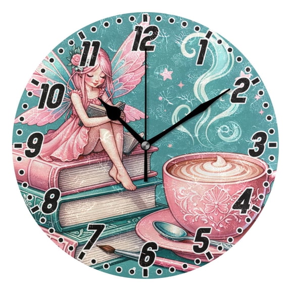 Fairy Sitting Book and Coffee Round Wall Clock Battery Operated Silent Non-Ticking Bedroom Office Kitchen Home School Decor 10"(Black)