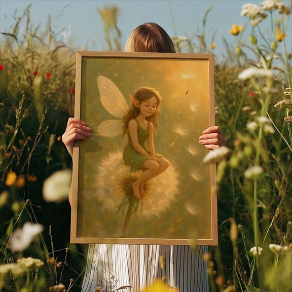 Fairy Sitting on Dandelion Print, Fairycore Art, Fairy Nursery Print, Dandelion Wall Art, Cottagecore Wall Art Poster Decor Unframed Paper Print