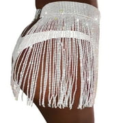 Fairy Skirt,Women's Sexy Glitter Diamond Straps Splicing Tassel Grid Half Skirt,Midi Skirt(Size:L)