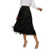 Fairy Skirt,Womens Solid Color Skirt Tassel Mid Length Fashion Elastic Waist Skirt,Midi Skirt(Size:M)