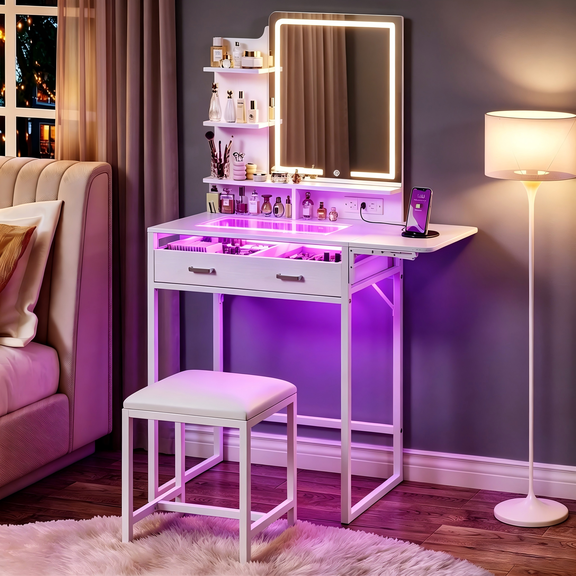 Fairy Small Makeup Vanity Desk with Mirror and Lights 3 Colors with Fold-up Panel and Power Outlet for Bedroom Chair, Transparent Top, Shelves,