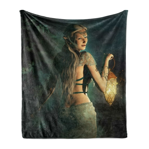 Fairy Soft Flannel Fleece Blanket, Elf Princes with Lantern in Mysterious Forest Ornamental Elements Enchantment, Cozy Plush for Indoor and Outdoor Use, 50" x 60", Petrol Blue Beige, by Ambesonne