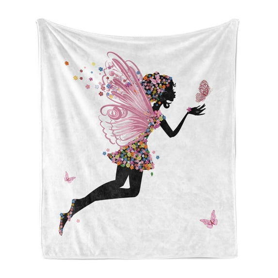 Fairy Soft Flannel Fleece Throw Blanket, Floral Arrangement Dress Pattern Winged Girl with Butterflies Cartoon Style Angel, Cozy Plush for Indoor and Outdoor Use, 50" x 60", Multicolor, by Ambesonne