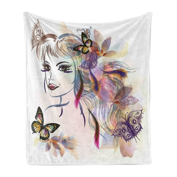 Fairy Soft Flannel Fleece Throw Blanket, Girl Drawing Design with Butterflies Nature Illustration Facial Expression, Cozy Plush for Indoor and Outdoor Use, 60" x 80", Multicolor, by Ambesonne