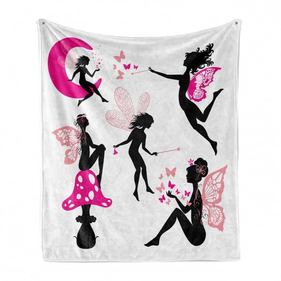 Fairy Soft Flannel Fleece Throw Blanket, Girl Silhouettes Sitting on Moon Mushroom Winged Dreamy Cartoon, Cozy Plush for Indoor and Outdoor Use, 70" x 90", Hot Pink Rose Black, by Ambesonne