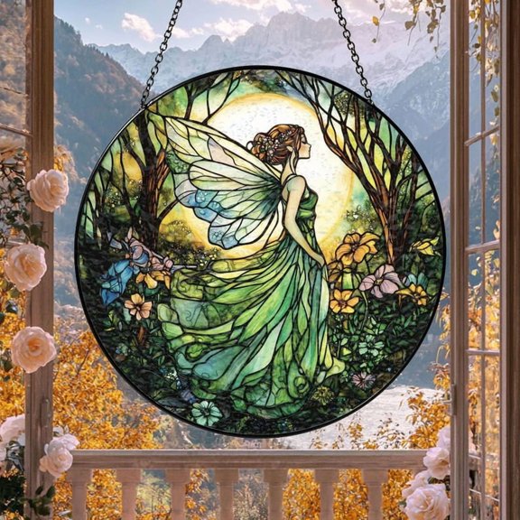 Fairy Stained Glass Style Suncatcher for Windows, UV Printed Glass Hanging Ornament, Fantasy Window Decor, Gift for Fairy Lovers size 3.54in