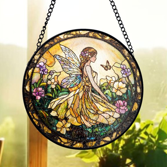 Fairy Stained Glass Suncatcher, Golden Garden Design, Enchanting Window Decor, Fantasy Floral Art, Gift for Nature Lovers and Dreamers