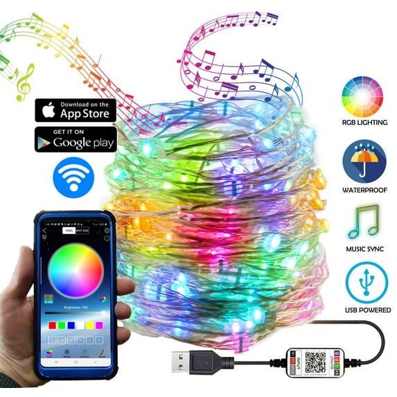 Fairy String Bluetooth RGB Indoor/Outdoor Waterproof USB Multi Color Changing Flexible Copper Wire Lights w/ Sync Music & Dynamic Modes - 200 LED Lights - 65 Feet In Length