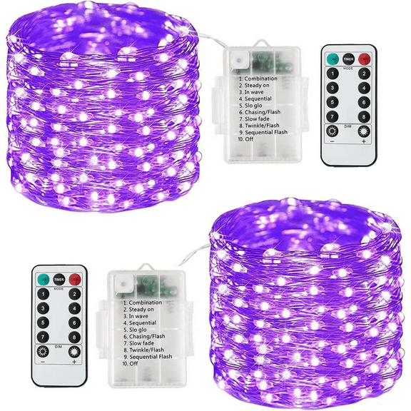 2 Pack Fairy Lights,120LED 43ft 8 Modes String Lights Battery Operated,Indoor/Outdoor with Remote Timer for Bedroom,Party,Wedding,Christmas Decorations(Purple)