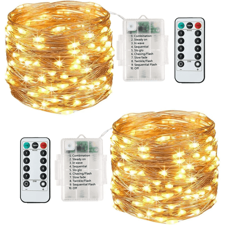 2 Pack Fairy Lights,120LED 43ft 8 Modes String Lights Battery Operated,Indoor/Outdoor with Remote Timer for Bedroom,Party,Wedding,Christmas Decorations(Warm White)