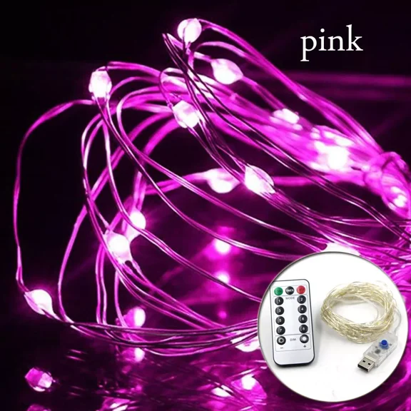 Fairy String Lights Waterproof 8 Modes with Remote Twinkle Christmas Lights for Outdoor Wedding Party Decorations(Pink-Battery box +remote 16FT 50LED)