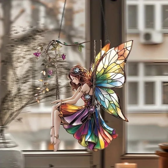 Fairy Swing Shaped Suncatcher Stained Glass Effect Hanging Decor Gift