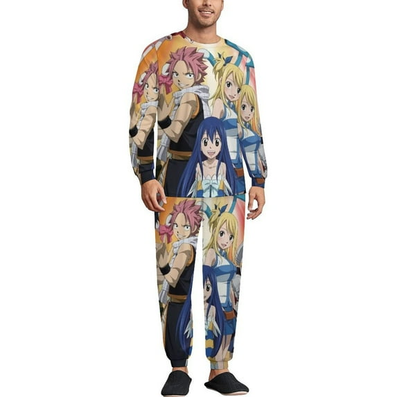 Fairy Tail Men's Lounge Pajamas Set 2-Piece Crew Neck Sleepwear Soft Long Sleeve Top & Pants for Sleep, Home & Vacation 2XL