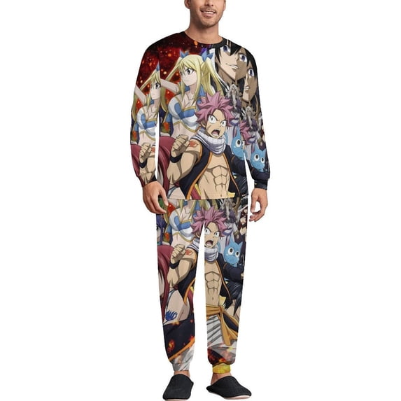 Fairy Tail Men's Lounge Pajamas Set 2-Piece Crew Neck Sleepwear Soft Long Sleeve Top & Pants for Sleep, Home & Vacation 2XL