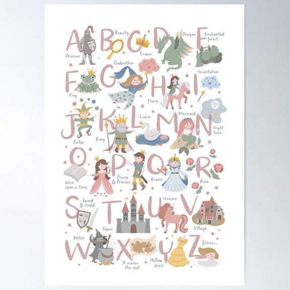 Fairy Tale Alphabet Pastel Pink Abc Wall Art Poster UNFRAMED PAPER POSTER, Home Decor