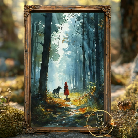 Fairy Tale Art Poster Little Red Riding Hood Wolf Wall Nursery Wall Decor Traditional Brothers Grimm Print Kids Room Classic Illustration Wall Art, Modern Wall Decor, 8x12 UNFRAMED