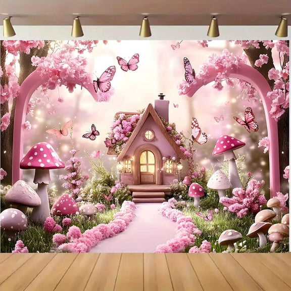 Fairy Tale Backdrop Enchanted Magical Forest Wonderland Photography Background Pink Mushroom Butterfly House Birthday Party Decorations Banner Supplies Photo Booth Props