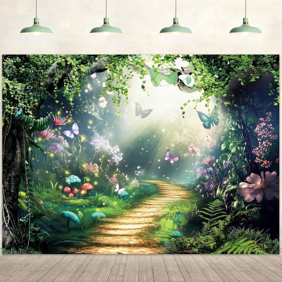Fairy Tale Backdrop Green Enchanted Woodland Butterfly Flower Yellow Brick Road Background Princess Magic Party Decorations Banner Photo Booth Props