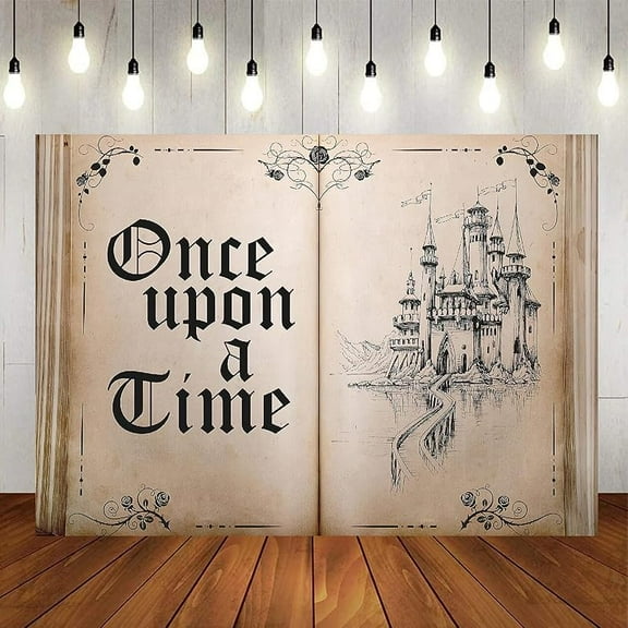Fairy Tale Books Backdrop Once Upon a Time Backdrops Ancient Castle Princess Romantic Wedding Birthday Party Decorations Magic Book Background Banner Props 7x5FT
