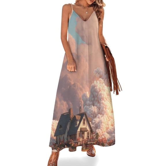 Fairy Tale Cabin Balloon Womens Summer Dresses Casual Sleeveless Tshirt Sundresses Vacation Beach Cover Up Dress