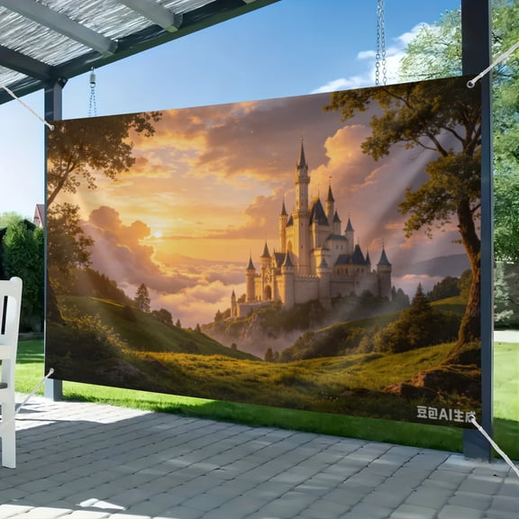Fairy Tale Castle Backdrop, Dreamy Fantasy Stone Castle Scene Photo Background, Princess Prince Themed Photography Banner
