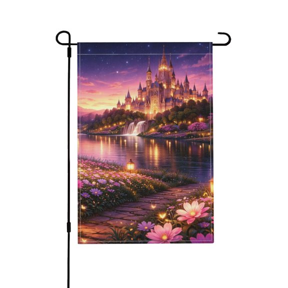 Fairy Tale Castle Night Floral Magical Starry Mountain Double Sided Garden Flag Outdoor Waterproof Yard Decor Banner 18x12 Inch