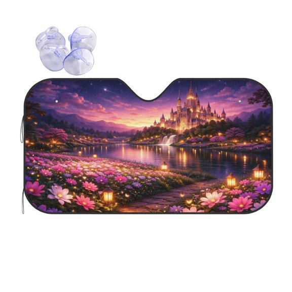 Fairy Tale Castle Night Floral Magical Starry Mountain Foldable Car Windshield Sun Shade, UV Protection Heat Shield