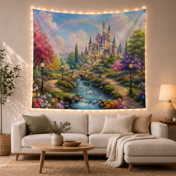 Fairy Tale Castle with Swans and Rainbow in a Garden, Serene Fantasy for Nature Lovers, Fantasy Wall Art, Housewarming Gift, Tapestry Wall Hanging for Bedroom, Living Room and Dorm