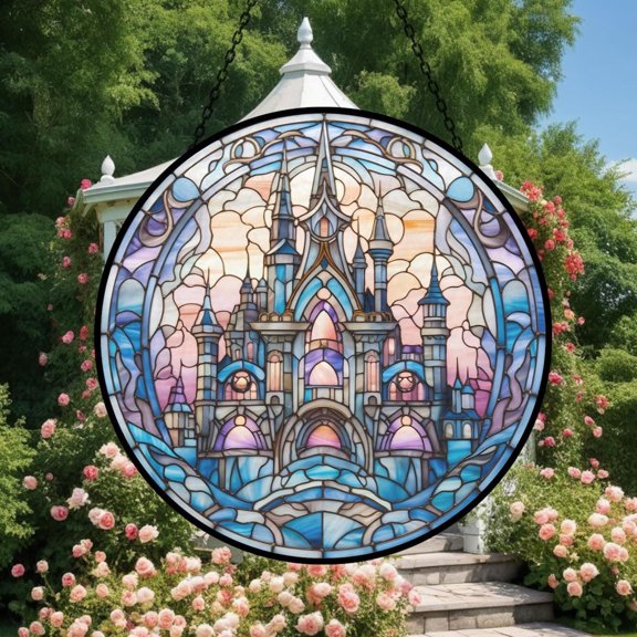 Fairy-Tale Castle Theme Glass Suncatcher, Dreamy Fantasy World Window Garden Decoration Kids, 3.5 in