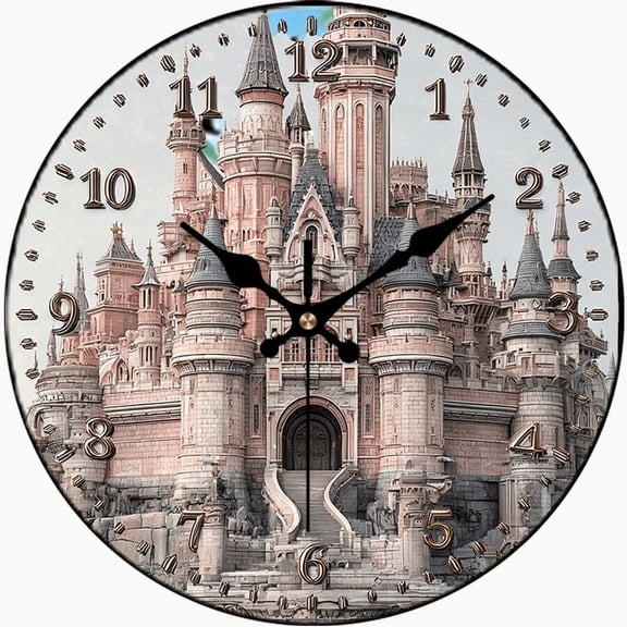Fairy Tale Castle Wall Clock, Pink Fantasy Palace Silent Non-Ticking Round Wall Clock, Magical Princess Castle Home Decor Clock, Whimsical Wall Art Clock for Kids Bedroom & Living Room