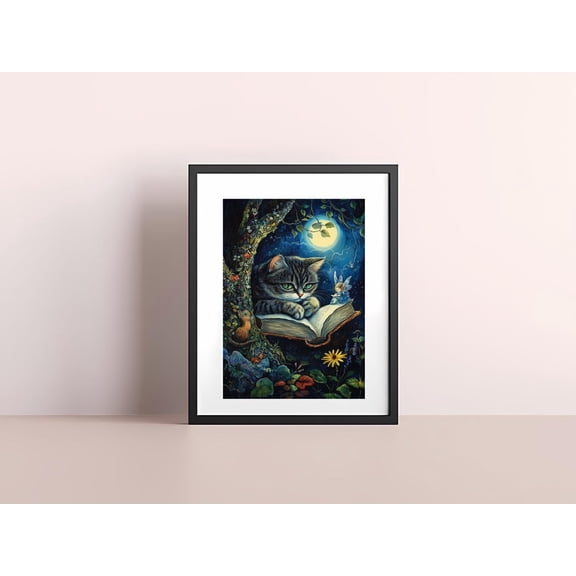 Fairy Tale Cat And Moon Art, Illustration Print, Whimsical Animal Decor, Enchanted Night Scene, Wall Art, Modern Wall Decor, 8x12 UNFRAMED