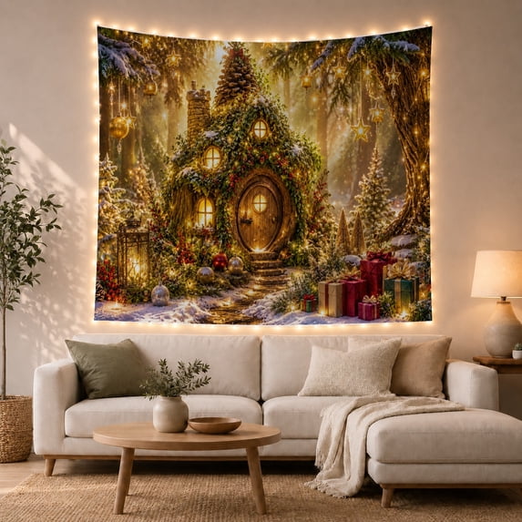 Fairy Tale Cottage in Snowy Forest, Cozy Romantic Illustration for Cottagecore Fans, Fairy Tale Wall Art, Housewarming Gift Tapestry Wall Hanging for Bedroom and Dorm