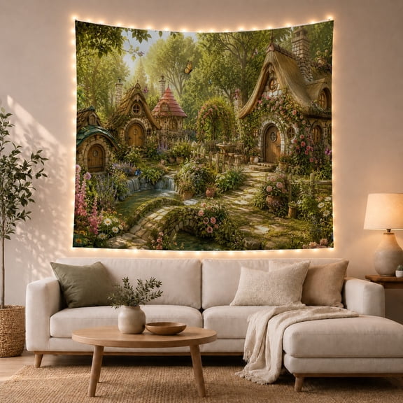 Fairy Tale Cottage Village in Forest Clearing, Idyllic Whimsical Fantasy for Fantasy Lovers, Fairy Garden Decor Housewarming Gift Tapestry Wall Hanging for Bedroom, Living Room & Dorm