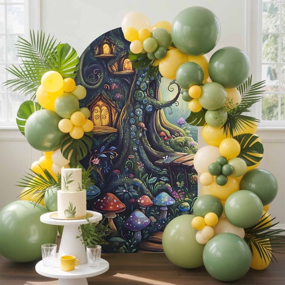 Fairy Tale Forest Arch Backdrop Cover, 4FT, Mushroom Wildflower Vintage Cottage Spandex Arch Covers Double-Sided Backdrop for Wedding Birthday Party Photo Background Decoration