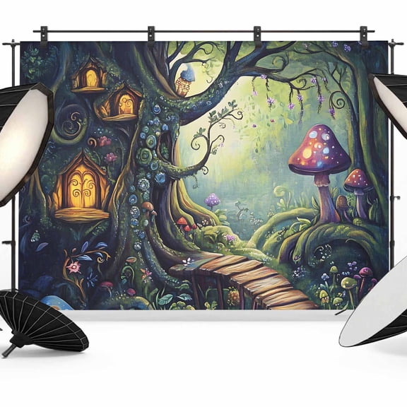Fairy Tale Forest Backdrop for Photography, Mushroom Wildflower Vintage Cottage Photo Backdrop Portrait Background Party Banner Photo Backgrounds for Studio Booth Props, 12x8ft