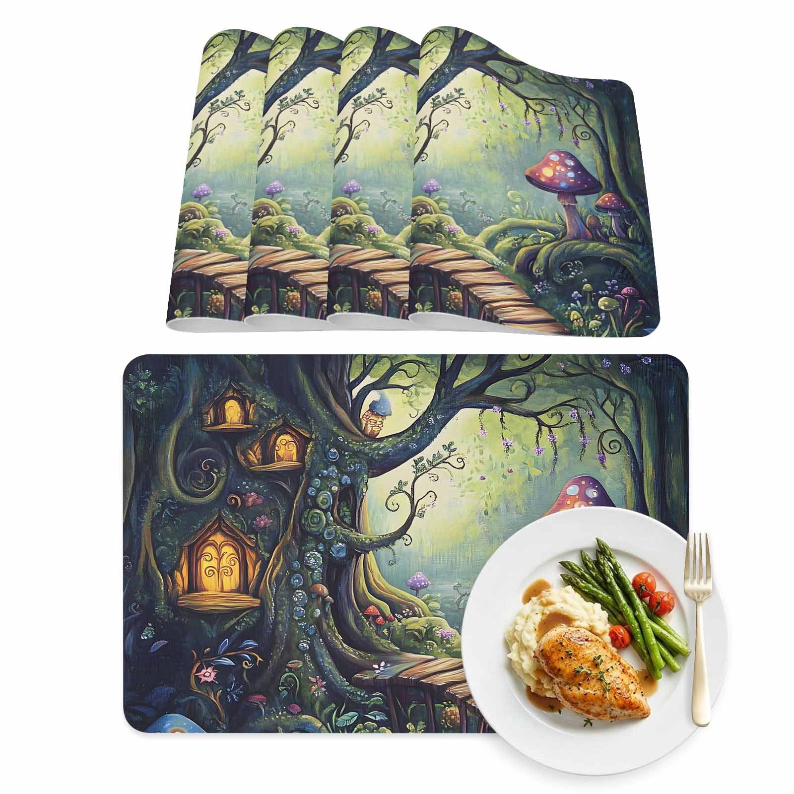 Fairy Tale Forest Leather Placemats Set of 4, 12x18 Inch, Mushroom ...