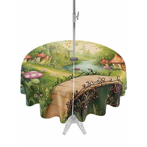 Fairy Tale Forest Round Outdoor Tablecloth with Umbrella Hole Mushroom Wildflower 54 Inch Round Waterproof Table Cover Zippered Table Cloth for Garden Patio
