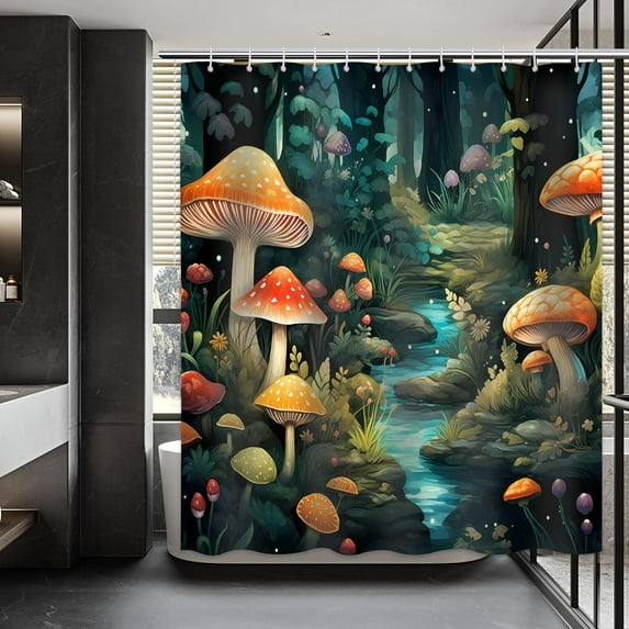 Fairy Tale Forest Shower Curtain for Bathroom, Hippie Mushroom Shower Curtain Set Waterproof Fabric Bathtub Curtain Bath Accessories with 12 Hooks, 72x72 inches