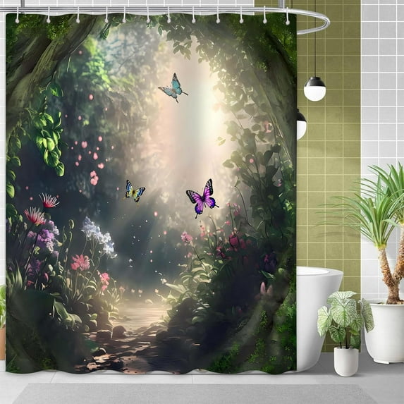Fairy Tale Forest Shower Curtain, Butterfly Shower Curtain, Fantasy Enchanted Forest Hole Spring Scenery Shower Curtain Set Nature Bathroom Decor Bath Curtain with 12 Hooks, 72x72 inches